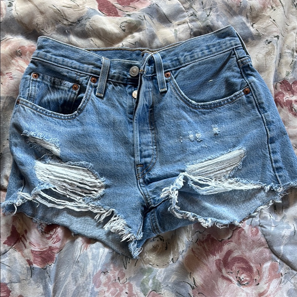 Levi's Blue Distressed Jean Shorts with Frayed Hem